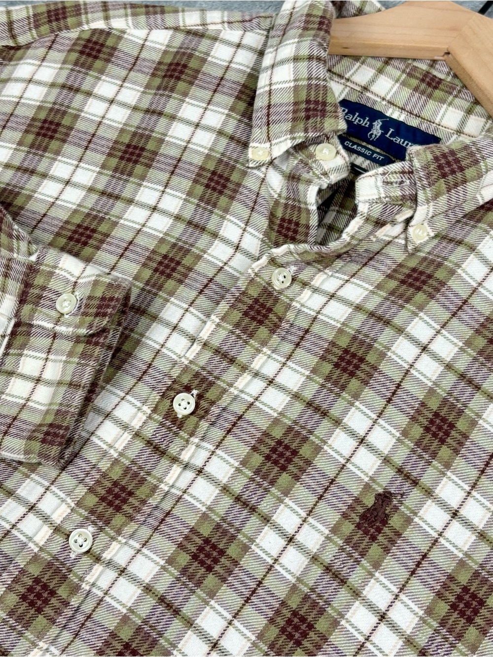 Ralph Lauren Shirt Men XL Green Brown Plaid Classic Fit Flannel Vintage